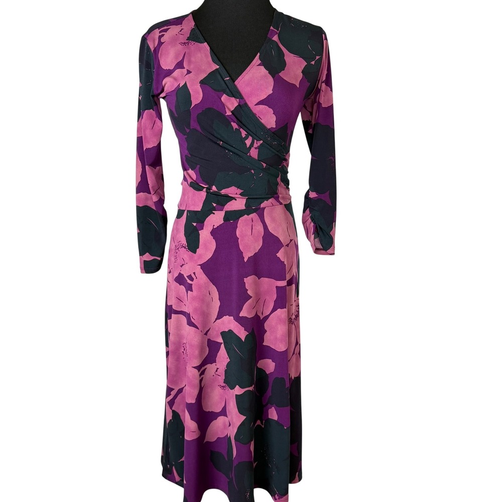 Cabi‎ Faux Wrap Dress Womens XS Purple Pink Floral Long Sleeve Ruched Midi